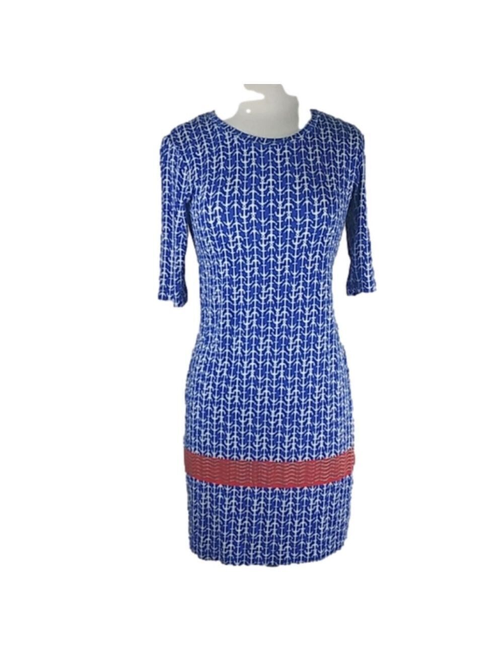 𝅺ANTIBES Blanc Blue Nautical Print Scoop Neck Elbow Sleeve Pullover Mini Dress